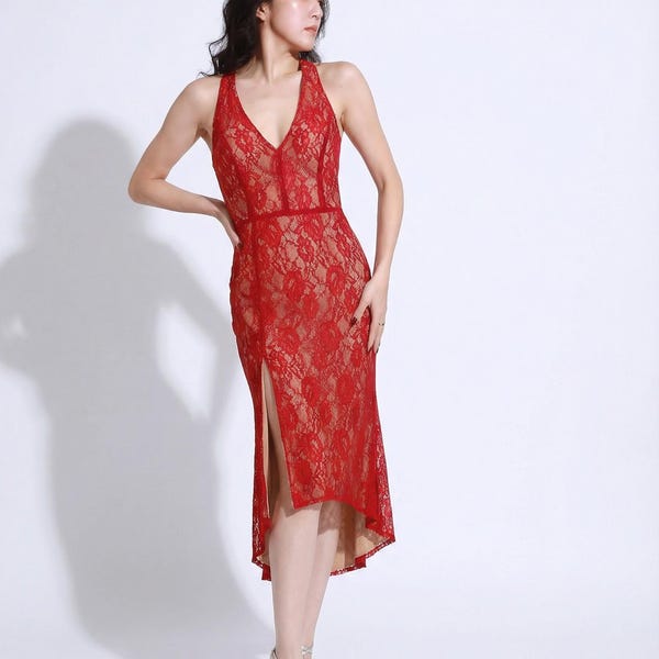 Women’s Lace Tango Dress, Elegant Milonga Evening Gown, Handmade Dancewear Available Red & White