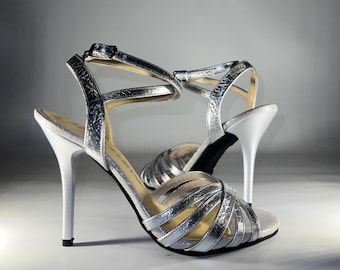 Women’s Silver Tango Dance Shoes, Metallic Handmade Heels, Elegant Argentine Tango Sandals