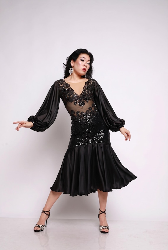 Black Lace Sequin Tango Dress – Long Sleeve Ballroom Milonga Dancewear