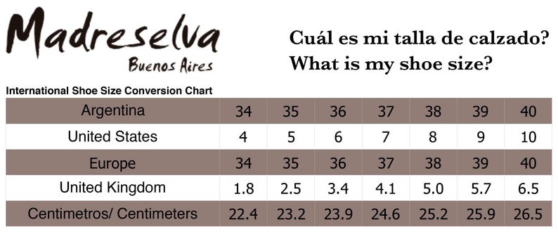 May include: An international shoe size conversion chart by Madreselva Buenos Aires. The table displays numerical size equivalents for Argentina, United States, Europe, and United Kingdom, alongside corresponding measurements in centimeters from 22.4 to 26.5.