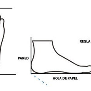May include: A diagram showing how to measure your foot for shoe size. The first image shows a foot placed against a wall with a ruler measuring the length of the foot. The second image shows a foot placed on a sheet of paper with a ruler measuring the length of the foot.