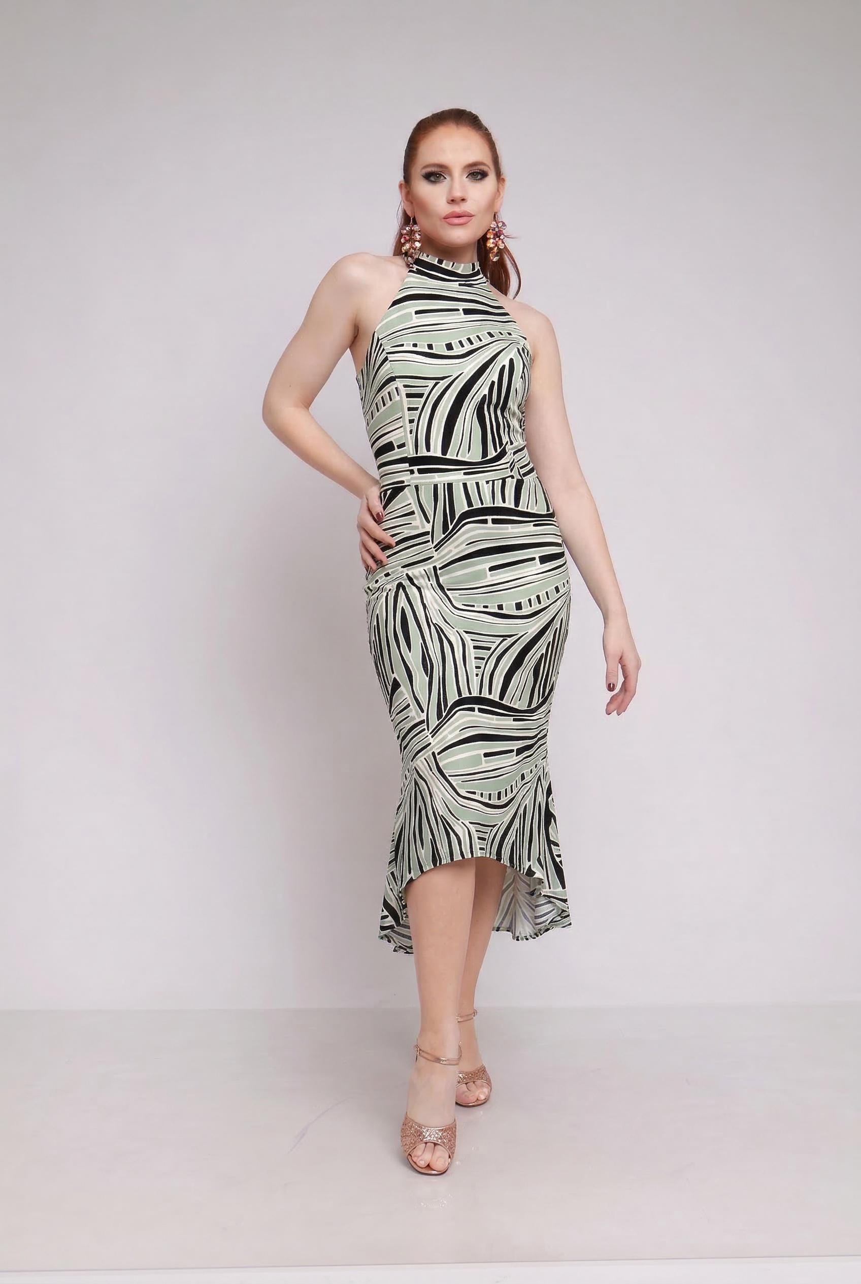 レディースプリントタンゴドレス、フィット感のあるミロンガダンス 