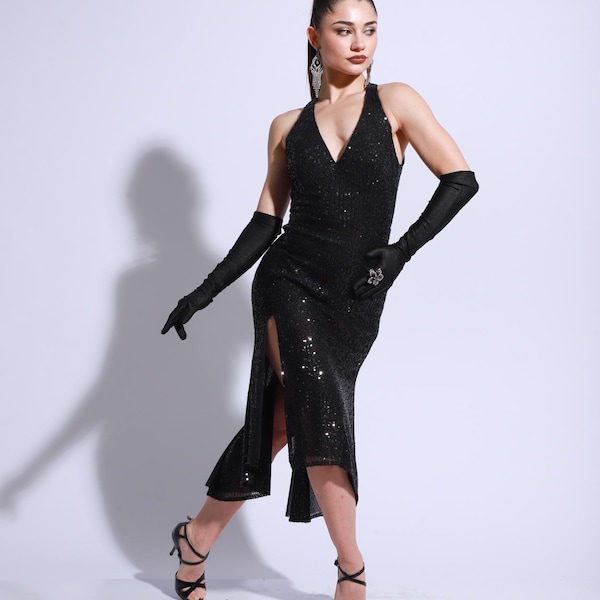 Sequin Halter Tango Dress, Elegant Dancewear with High Slit