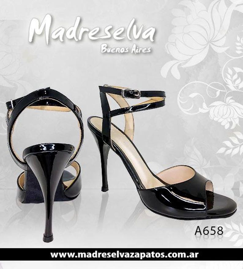 Women’s Black Tango Heels, Handmade Leather Dance Sandals, Elegant Argentine Footwear, 3-3.5" Heel 3.6 inches