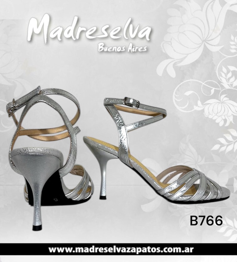 Women’s Silver Tango Dance Shoes, Metallic Handmade Heels, Elegant Argentine Tango Sandals 3 INCHES