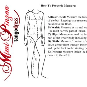 May include: Diagram illustrating how to properly measure for clothing. The image includes a stylized figure with labeled measurement points: bust/chest, waist, hips, girth, and inseam. Text explains each measurement.