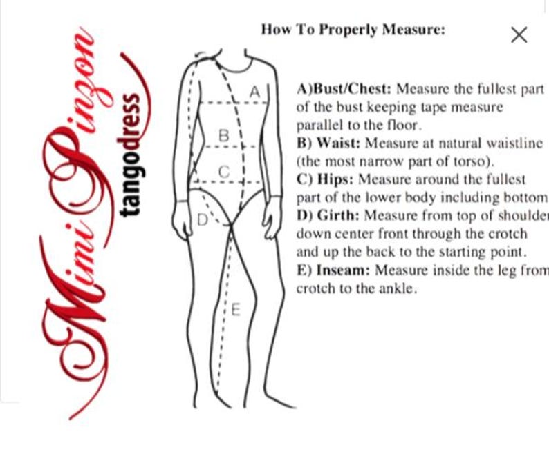 May include: Diagram illustrating how to properly measure for clothing. The image includes a stylized figure with labeled measurement points: bust/chest, waist, hips, girth, and inseam. Text explains each measurement.