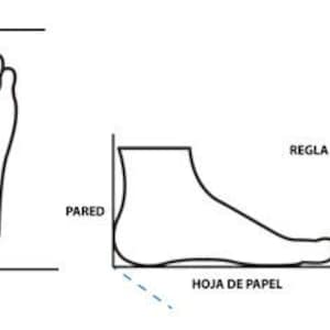May include: A black and white instructional diagram showing how to measure a foot. The graphic includes an outline of a foot from above and the side, with labels for PARED, REGLA, MARCAR, and HOJA DE PAPEL, illustrating the process of marking length.