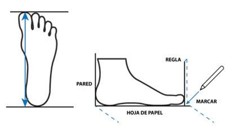 May include: A black and white instructional diagram showing how to measure a foot. The graphic includes an outline of a foot from above and the side, with labels for PARED, REGLA, MARCAR, and HOJA DE PAPEL, illustrating the process of marking length.