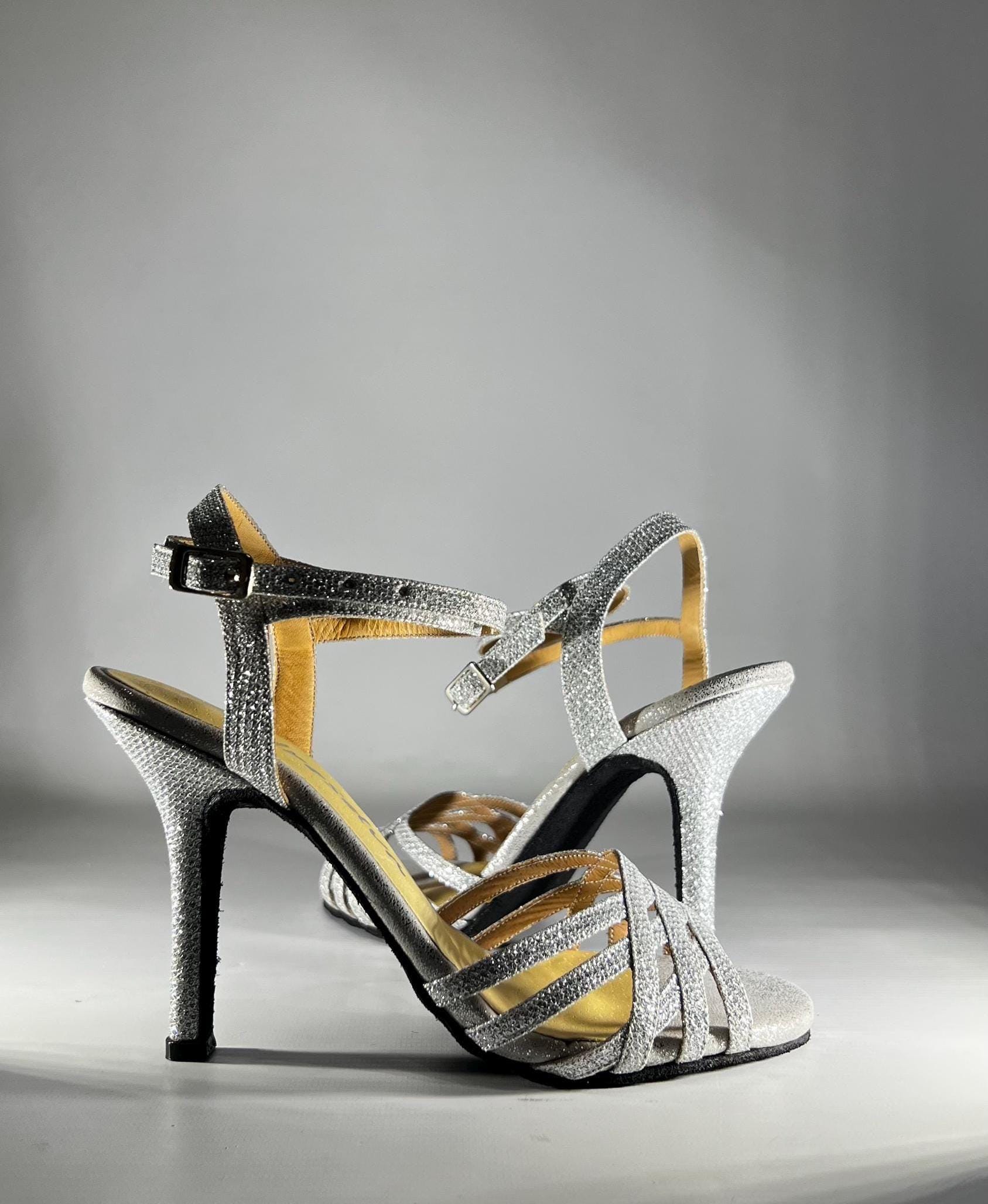 Buy Silver Leather Tango Shoes High Heel Strappy Dance Sandals