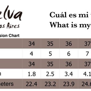 May include: Shoe size conversion chart from Madreselva Buenos Aires. Includes sizes for Argentina, United States, Europe, and United Kingdom. Centimeters are listed, ranging from 22.4 cm to 26.5 cm.