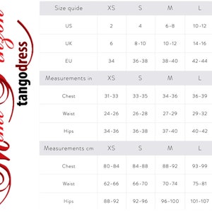 May include: A size guide chart for clothing, featuring measurements in inches and centimeters. The chart includes sizes XS to XL, with corresponding US, UK, and EU sizes. Measurements for chest, waist, and hips are provided in both inches and centimeters.