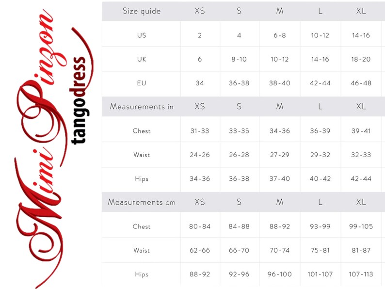 May include: A size guide chart for clothing, featuring measurements in inches and centimeters. The chart includes sizes XS to XL, with corresponding US, UK, and EU sizes. Measurements for chest, waist, and hips are provided in both inches and centimeters.