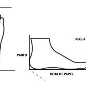 May include: Diagram illustrating how to measure foot length for shoe sizing. The image shows a foot outline with a vertical arrow indicating the measurement from heel to toe. Additional diagrams show how to measure the foot against a wall and mark the length on paper.
