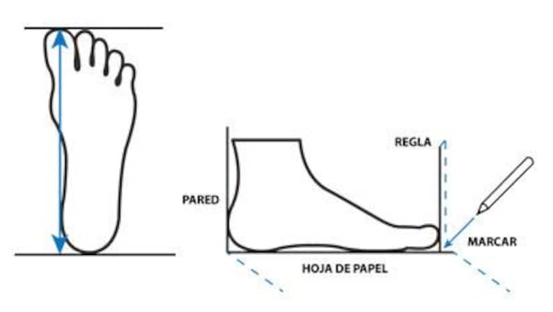 May include: Diagram illustrating how to measure foot length for shoe sizing. The image shows a foot outline with a vertical arrow indicating the measurement from heel to toe. Additional diagrams show how to measure the foot against a wall and mark the length on paper.