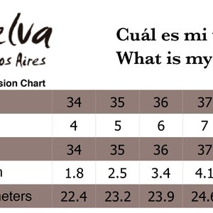 May include: A chart showing international shoe size conversions for Argentina, the United States, Europe, and the United Kingdom. The chart also includes the corresponding centimeter measurements for each size.