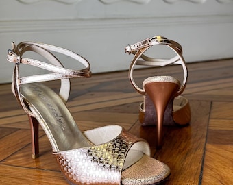 Sapatos de Tango em Couro Cobre Metálico – Sapatos de Salto Alto Artesanais para Dança de Salão Argentino