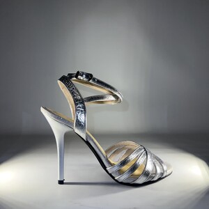 Women’s Silver Tango Dance Shoes, Metallic Handmade Heels, Elegant Argentine Tango Sandals image 2