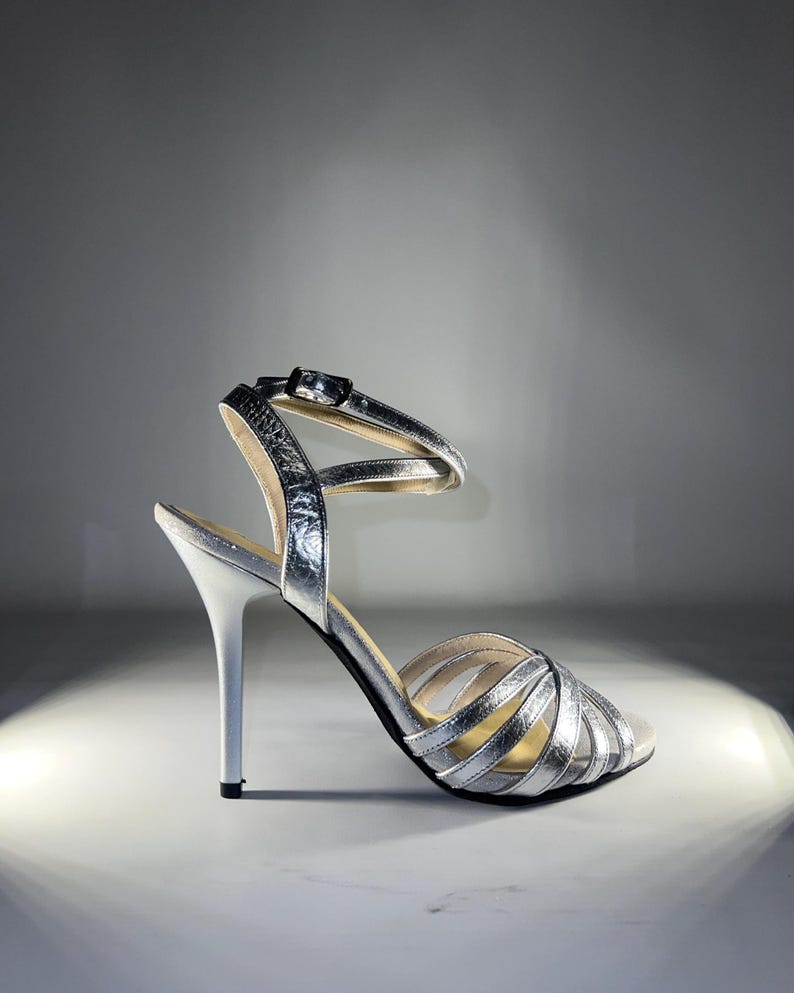 Women’s Silver Tango Dance Shoes, Metallic Handmade Heels, Elegant Argentine Tango Sandals image 2