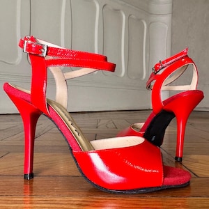 Red Leather Argentine Tango Dance Shoes, Open-Toe Cross Ankle Straps, 9cm Heel