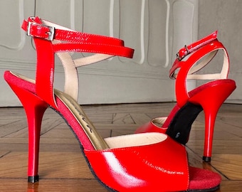 Red Leather Argentine Tango Dance Shoes, Open-Toe Cross Ankle Straps