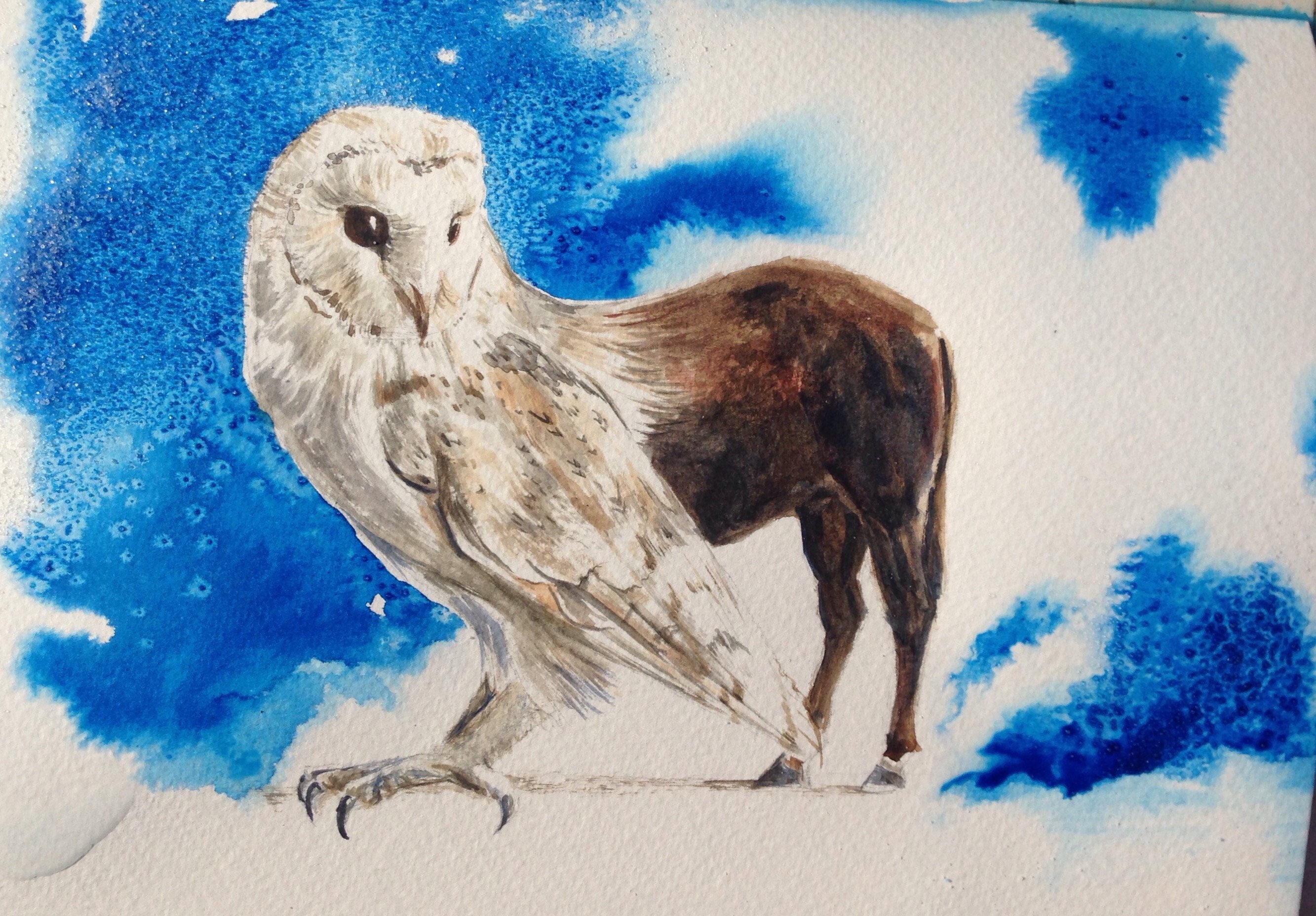 Hippogriff Barn Owl Quarter Horse Original Watercolor Painting, Scifi
