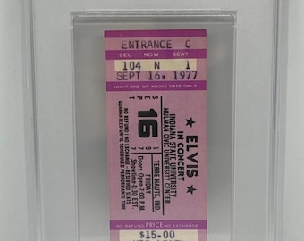 May include: A vintage concert ticket for Elvis Presley's September 16, 1977, Terre Haute, Indiana, show, which was canceled. The ticket is encased in a protective holder and graded by PSA.