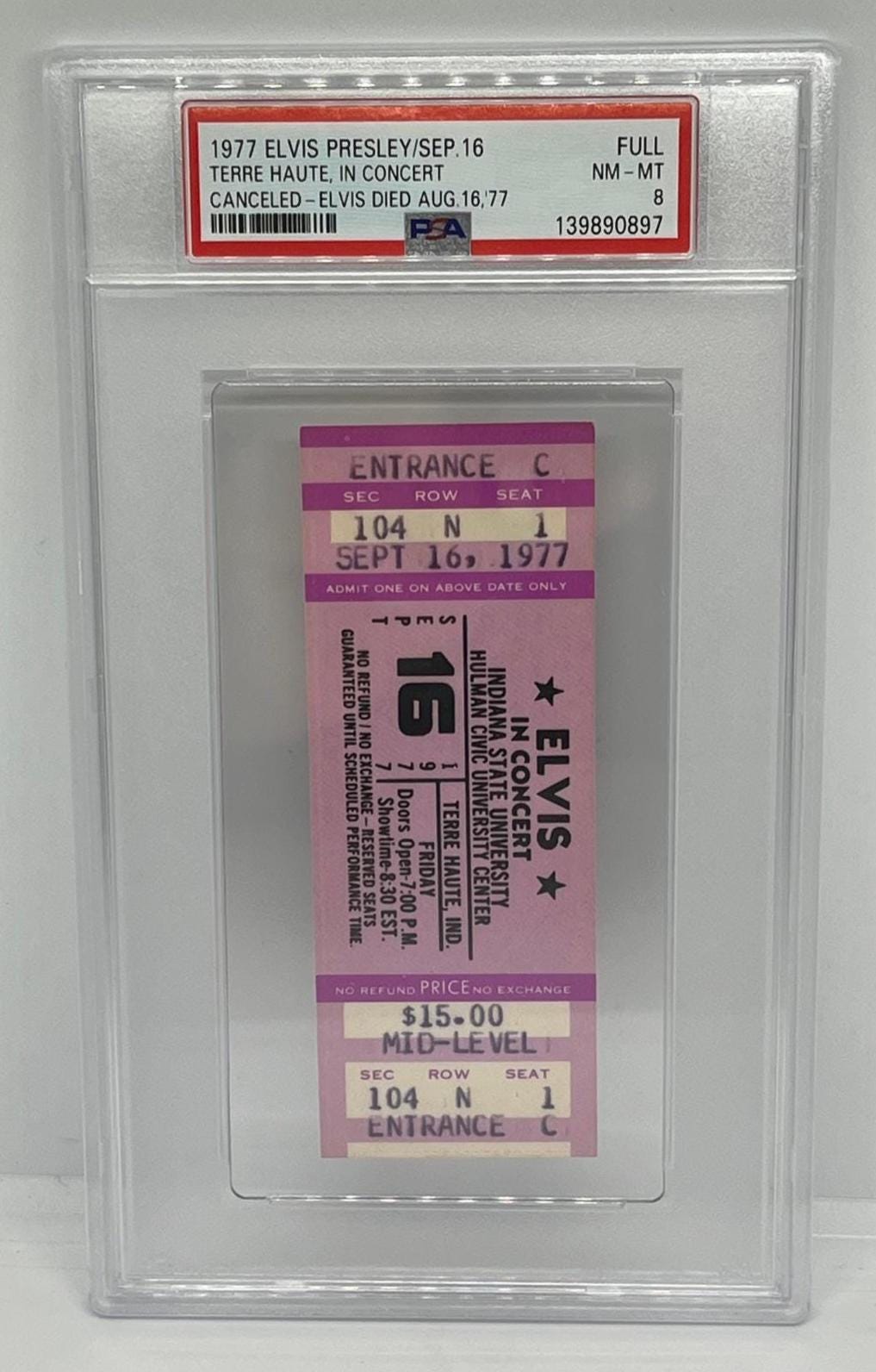 エルヴィス・プレスリーのコンサートチケット PSA 8、1977年9月16日