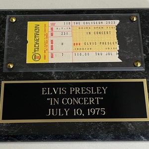 Authentic Elvis Presley Concert Ticket Stub from 1975 on wall plaque with signed certificate.