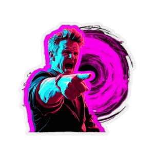 May include: A digital illustration of a man with a pink and blue colour scheme, shouting and pointing his finger at the viewer. The background is a pink and black swirl.