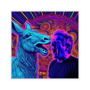 May include: A digital art illustration of a blue donkey with a pink outline and a man with a blue face and a black shirt, both with their mouths open as if yelling. The background is a psychedelic pattern of purple, pink, yellow, and green.
