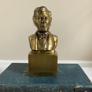 Brass Gold Tone Abe Lincoln Bust | Lincoln Head Paperweight | 6&quot; Abe Lincoln Statue