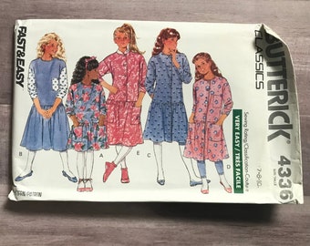 Girls Drop Waist Dress Pattern | Size 7-8-10 | Butterick Classics 4336 | Vintage 1989 | Uncut Pattern