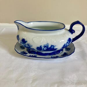 Vintage Blue and White Floral Gravy Boat and Plate