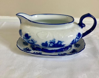 Vintage Blue and White Floral Gravy Boat and Plate