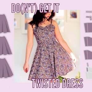 May include: A woman wearing a purple and yellow floral print dress with a sweetheart neckline and thin straps. The dress is a-line and has a short hemline. The text "DO(N'T) GET IT TWISTED DRESS" is written below the dress. There are three purple skirts and three purple tops with different necklines and straps, as well as a purple headband with a bow.