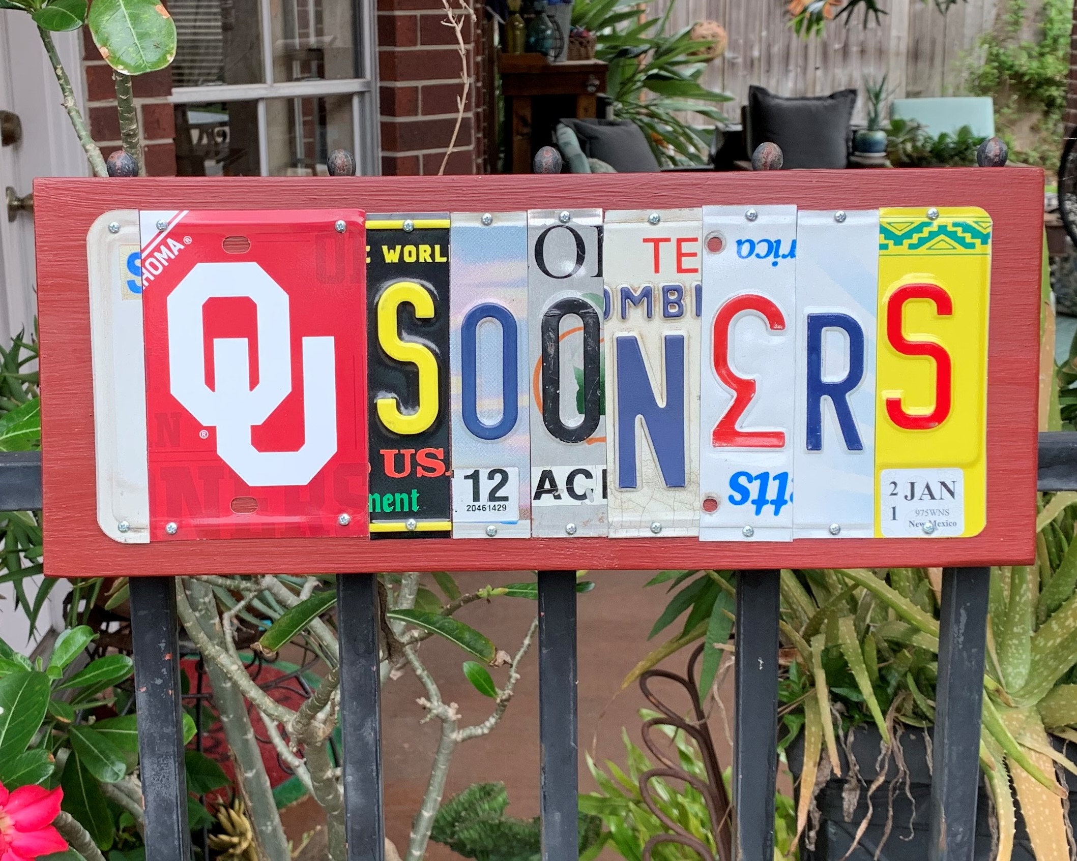 Other Assemblage Oklahoma Sign made from License Plates Mixed Media