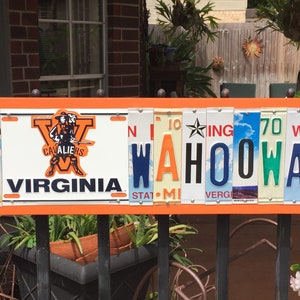 WAHOOWA logo - University of Virginia Cavaliers, UVA recycled license plate sign, tailgate, alumni, graduation gift, man cave, sports sign
