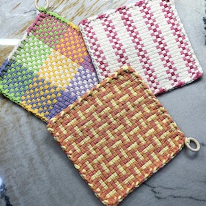 Handmade Potholders, extra Large 100% cotton, 8 inch pro sized, spring/summer, hostess gift, hot pad, kitchen ware, retro loom trivet, woven
