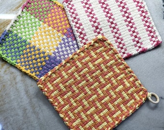 Handmade Potholders, extra Large 100% cotton, 8 inch pro sized, spring/summer, hostess gift, hot pad, kitchen ware, retro loom trivet, woven
