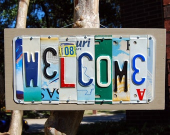 WELCOME outdoor custom license plate sign, door sign, back porch, patio sign, housewarming gift, vintage wood sign