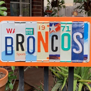 BRONCOS - custom license plate signs, bar decor, sports sign, fan gift, Fathers Day, vintage wood sign, garage sign
