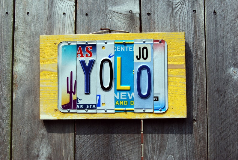 YOLO Custom made License Plate sign, You only live once, yolo sign, vintage wood sign, patio decor, bar decor, shabby chic wall decor image 1