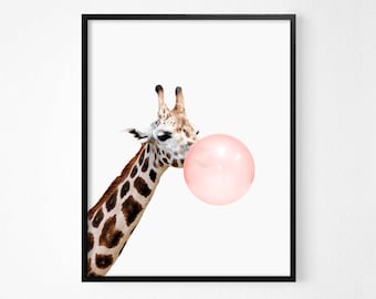 Giraffe pink bubble gum art digital print - Funny kids art - Nursery room interior decor - Modern print interior - DIGITAL DOWNLOAD 16x20
