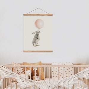 Rabbit with pink balloon woodland animals Neutral art - Animal adventures print - Cute animals art - Nursery art - DIGITAL DOWNLOAD 16x20