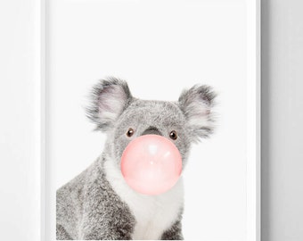 Koala pink bubble gum art digital print - Funny kids art - Nursery room interior decor - Modern print interior - DIGITAL DOWNLOAD 16x20