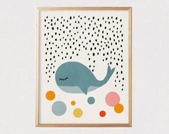 Whale print - Mid century modern kids wall art - Children's art - Kids room decor - Nursery room interior decor  - DIGITAL DOWNLOAD 16x20