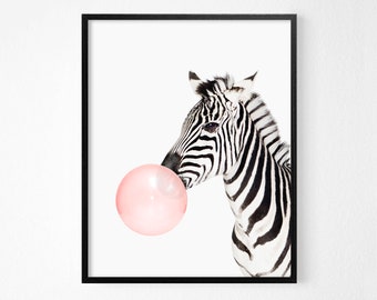 Zebra pink bubble gum art digital print - Funny kids art - Nursery room interior decor - Modern print for interior - DIGITAL DOWNLOAD 16x20