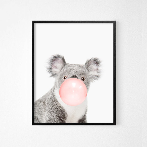 Koala pink bubble gum art digital print - Funny kids art - Nursery room interior decor - Modern print interior - DIGITAL DOWNLOAD 16x20