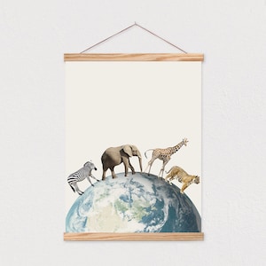 Earth planet animals Neutral art - Elephant tiger giraffe - Animal adventures print - Cute animals art -Nursery art - DIGITAL DOWNLOAD 16x20